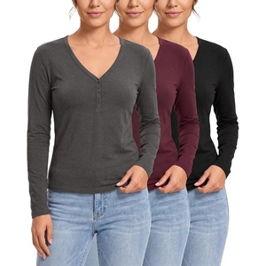 image:image3 Pack Womens Cotton V Neck Henley Shirts Long Sleeve Tops Casual Work TeesSolid Black  Solid Burgundy  Charcoal Heather