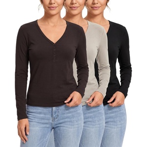 image:image3 Pack Womens Cotton V Neck Henley Shirts Long Sleeve Tops Casual Work TeesSolid Black  Solid Chocolate Torte  Solid Moonbeam