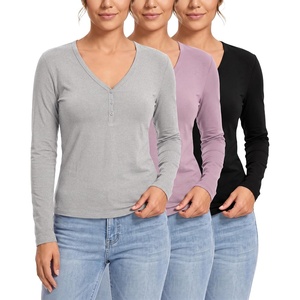 image:image3 Pack Womens Cotton V Neck Henley Shirts Long Sleeve Tops Casual Work TeesSolid Black  Solid Fragrant Lilac  Grey Heather