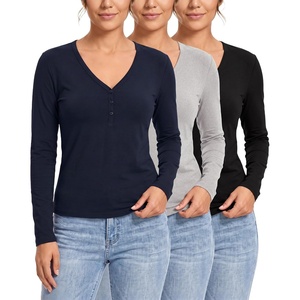 image:image3 Pack Womens Cotton V Neck Henley Shirts Long Sleeve Tops Casual Work TeesSolid Black  Solid Navy Blazer  Grey Heather