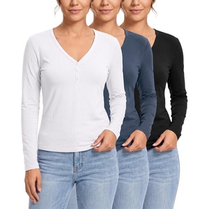 image:image3 Pack Womens Cotton V Neck Henley Shirts Long Sleeve Tops Casual Work TeesSolid Black  Solid Vintage Indigo  Solid Bright White