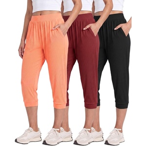 image:image3 Pack Womens Ribbed Capri Joggers Cropped Sweatpants Capris with PocketsSet 1