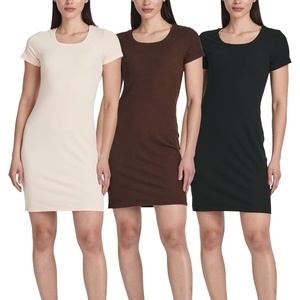 image:image3 Pack Womens Ribbed Tshirt Mini Dresses Scoop Neck Short Sleeve BodyconSolid Black  Solid Chickory Coffee  Solid Soft Pink