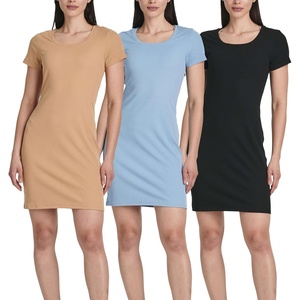 image:image3 Pack Womens Ribbed Tshirt Mini Dresses Scoop Neck Short Sleeve BodyconSolid Black  Solid Iced Coffee  Solid Lichen Blue