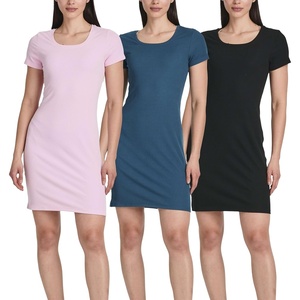 image:image3 Pack Womens Ribbed Tshirt Mini Dresses Scoop Neck Short Sleeve BodyconSolid Black  Solid Majolica Blue  Solid Nosegay