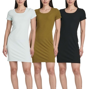 image:image3 Pack Womens Ribbed Tshirt Mini Dresses Scoop Neck Short Sleeve BodyconSolid Black  Solid Martini Olive  Solid Blue Glow