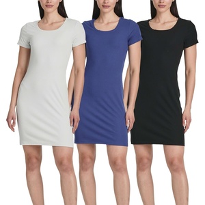 image:image3 Pack Womens Ribbed Tshirt Mini Dresses Scoop Neck Short Sleeve BodyconSolid Black  Solid Navy  Solid Plein Air