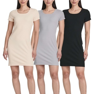 image:image3 Pack Womens Ribbed Tshirt Mini Dresses Scoop Neck Short Sleeve BodyconSolid Black  Solid Ultimate Grey  Solid Tapioca