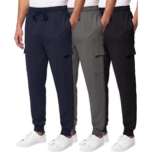 image:image3 Pack Mens Fleece Cargo Joggers Sweatpants Cuffed Athletic Gym PocketsSolid Black  Solid Navy Blazer  Charcoal Heather